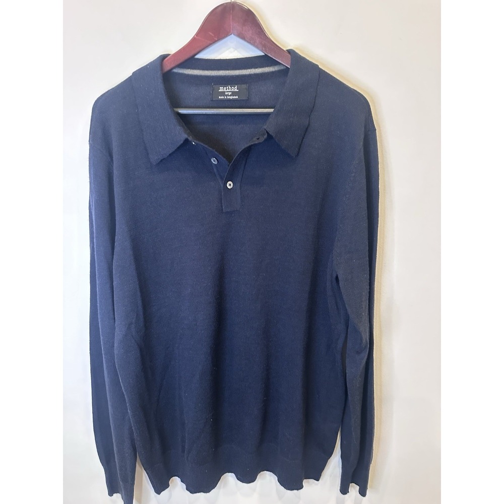 Method Men's Long‎ Sleeve Knit Polo Sweater Navy Blue Size Large